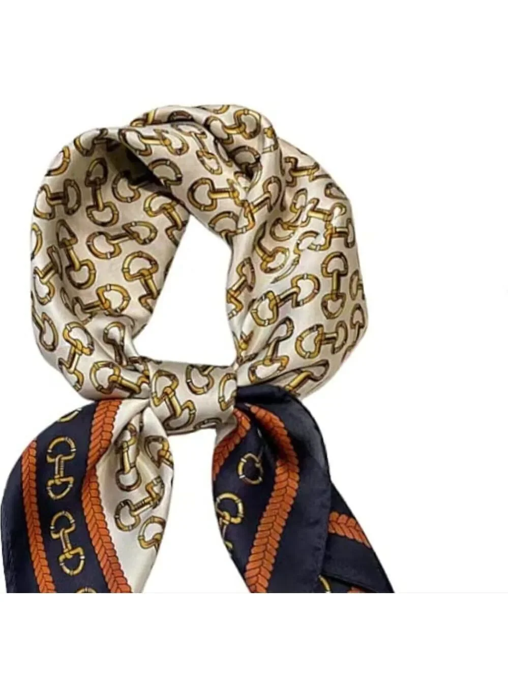 Square Scarf Blue Edge Golden Buckles Printed, Silky Style Neck Scarf